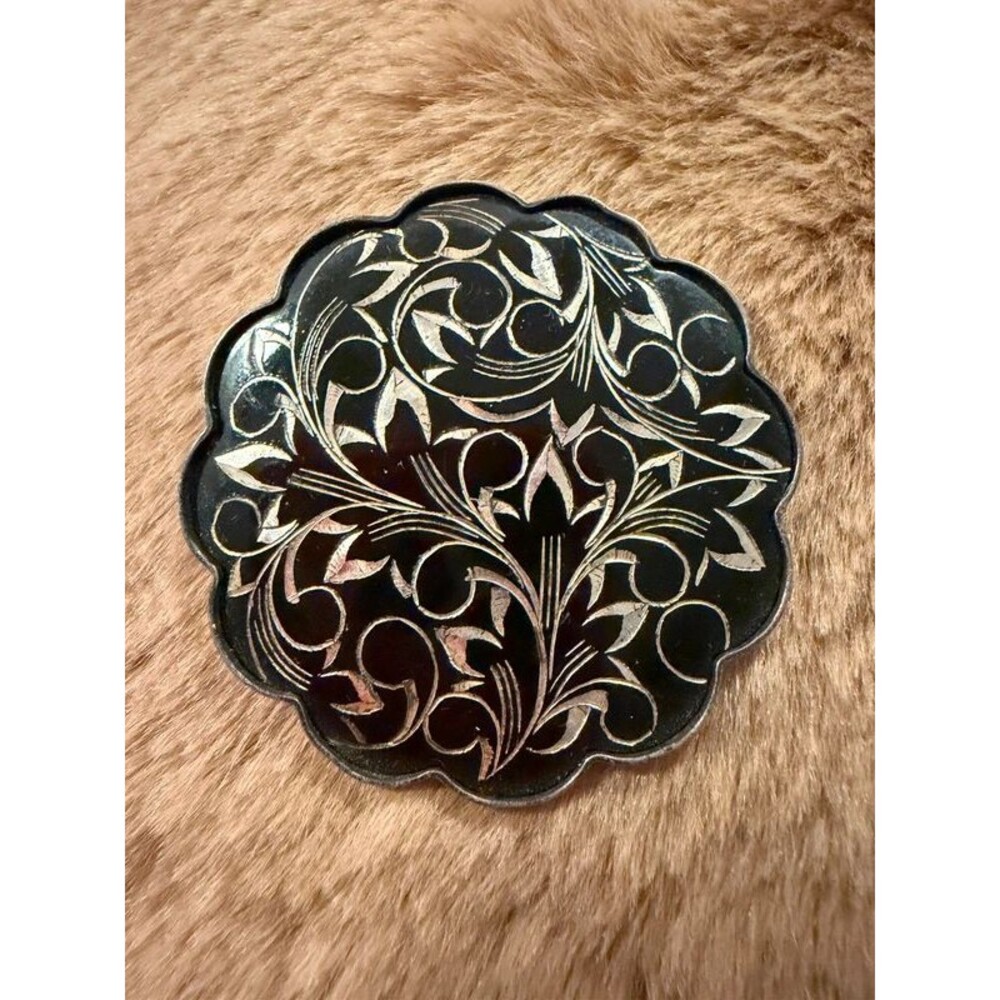 Vintage Amita Japan Sterling Silver & Black Enamel Brooch Pin - Mid-Century Hand